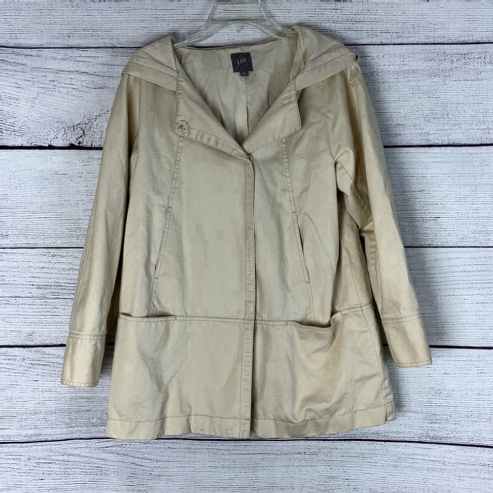 J Jill Women’s Hooded Hidden Button Cotton Linen Jacket Khaki Size M - Picture 3 of 5